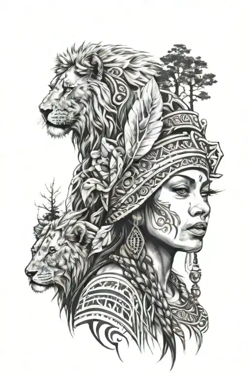 Tribal Woman With A Lion On Her Head With Some Forest In The Background