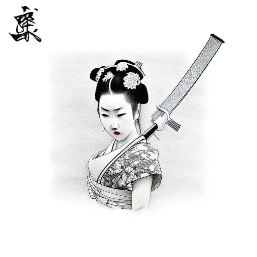 Japanese Geisha Black Hair Katana Sword White Kimono