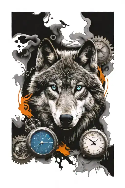 Wolf With Blue And Orange Eyes And Clocks Side By Side