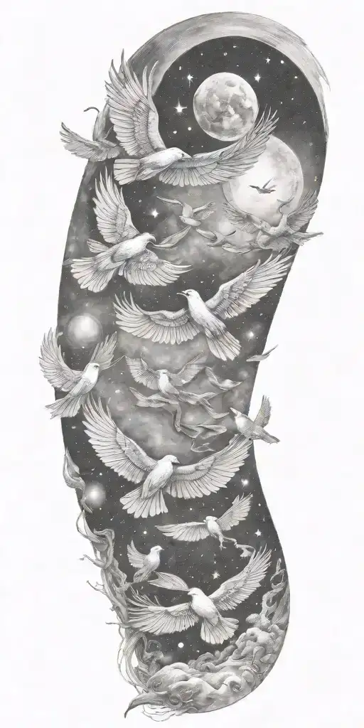 A Celestial Sleeve Tattoo Featuring Various Birds Flying Through Space