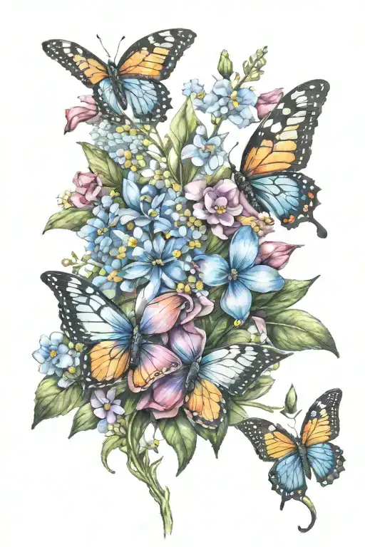 Forget Me Not Flowers With Rainbow And Butterflies