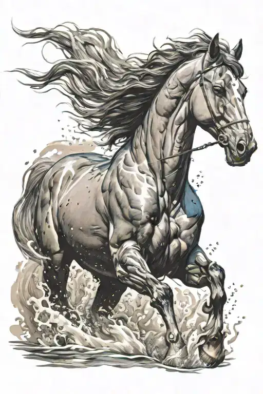 Musceled Stallion Running Through Shallow Water Towards You With Its Head Down And A Masculine Look