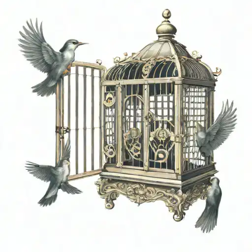 Guilded Bird Cage With Open Door With An Overcoat Partially Covering It