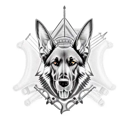 A Fierce Black German Shepherd Surrounded By Hunting Gear And Heavy Metal Symbols