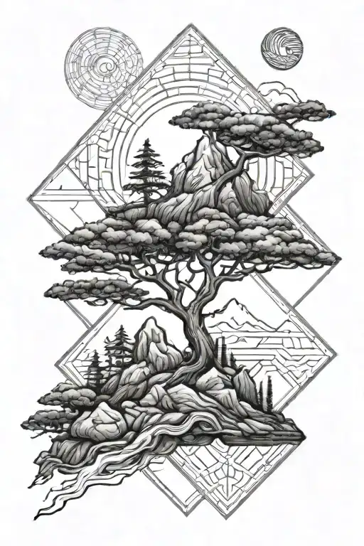 Men's Small Tattoo With Bonsai Mountains And Sun In A Rhombus With Geometric Elements