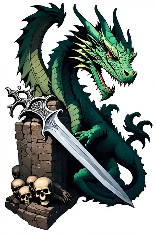 A Dragon Pulling Excalibur Out Of A Stone With 6 Skulls At The Base Of The Stone