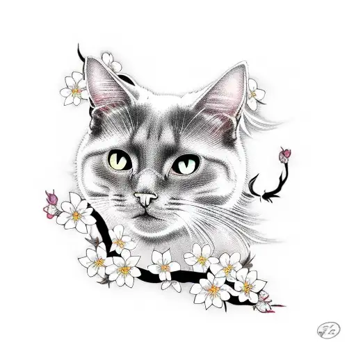 Black Cat With Cherry Blossom