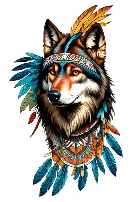 Indian Wolf With Feathers And Mandala Design Incorporating