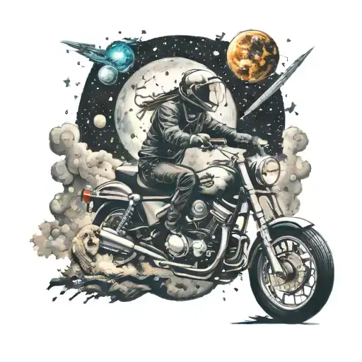 A Cosmic Scene With A Motorcycle Riding Through A Galaxy Surrounded By Stars And Planets