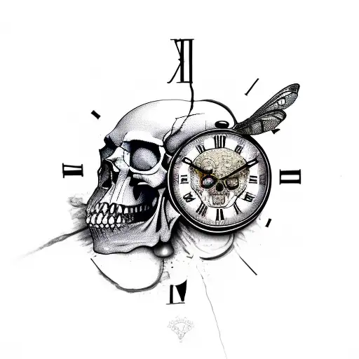 Skull With Melting Clock And Dragonfly