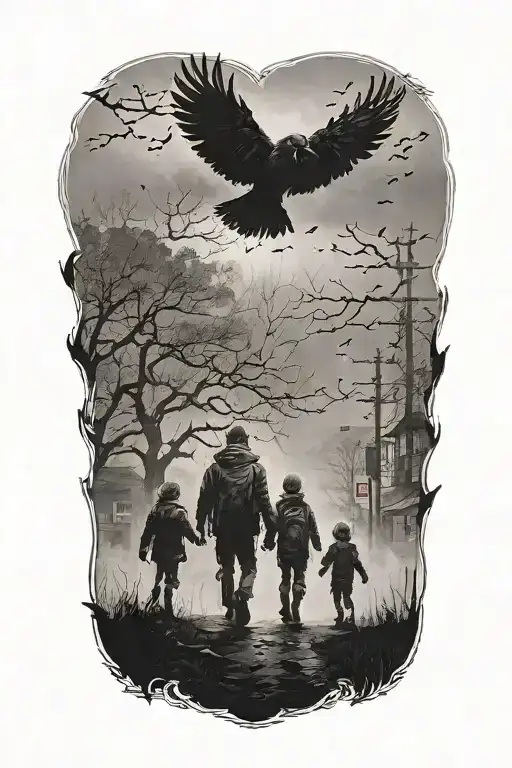 Dark Siluette Off A Father And Two Kids Walking Info The Fog With Ravens Flying Above