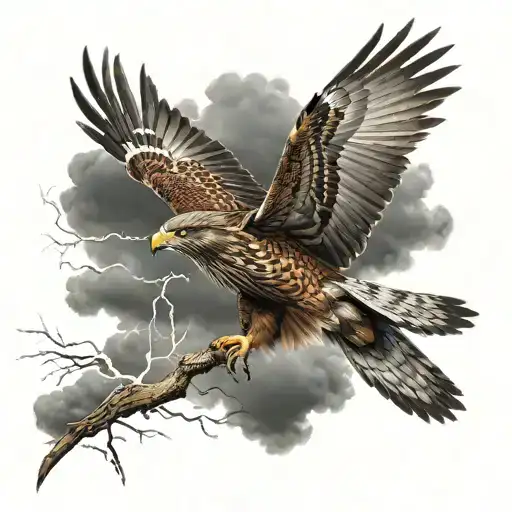 A Hawk Flying Straight With Dark Clouds And Lightning In The Background