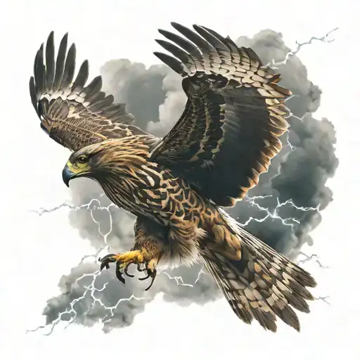 A Hawk Flying Foward With Dark Clouds And Lightning In The Background