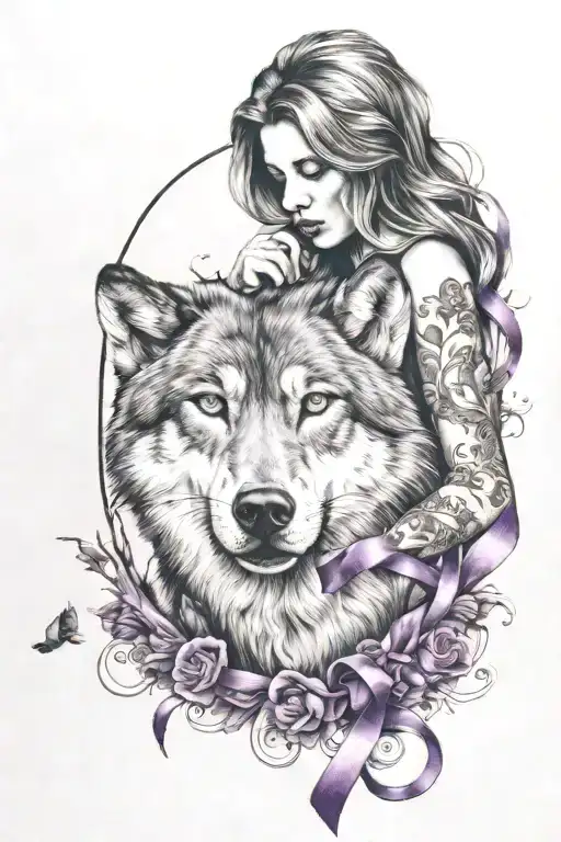 Woman And Wolf With Purple Ulcerative Colitis Ribbon