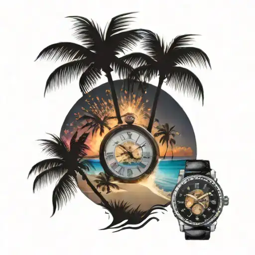 Fireworks Over Beach Scene With Palm Trees With A Timepiece