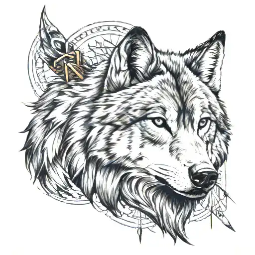 Wolf Head With Indian Ballsticks