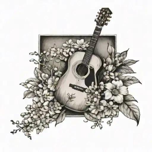 A Realistic Guitar Surrounded By Blooming Flowers And Coffee Beans