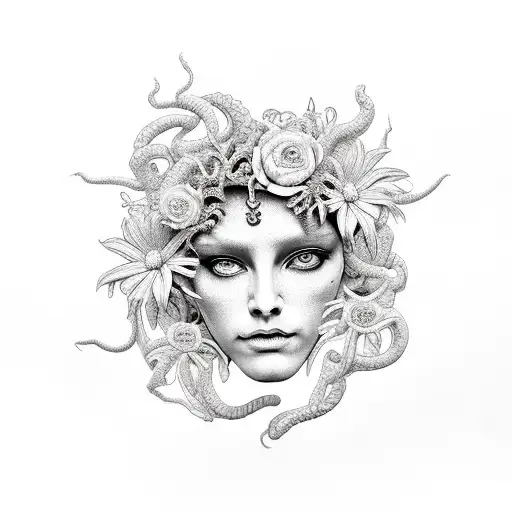 Medusa Portrait With Flowers