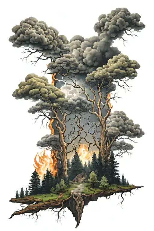 Forest With Heavy Clouds And Lightning And Fire In The Middle