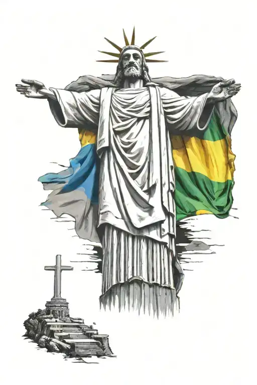 Black And Gray Christ The Redeemer Statue With Colorful Brazilian Flag In Background
