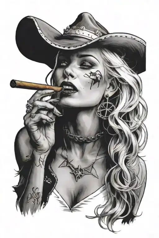 Realistic Black And White Tattoo Design Of A Blonde Woman With A Half Devil Face Smoking A Cigar