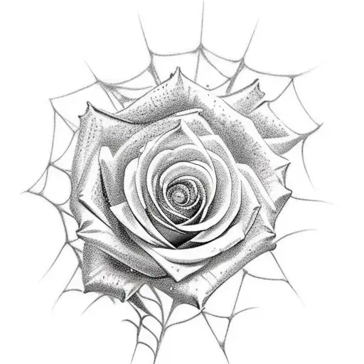 Rose With Spider Webs And A Little Spider Descending