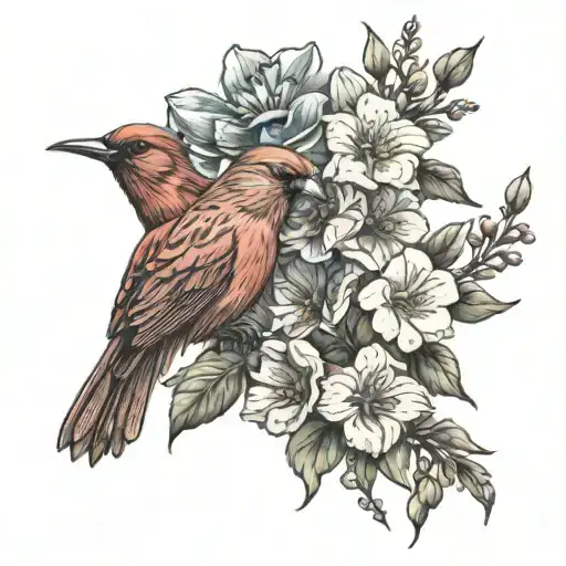 Cardinal And Hummingbird With Flowers Growing