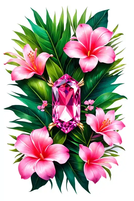 Pink Sapphire On White Gold With Pink Tropical Flowers In Background