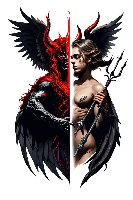 Half Angel Half Devil With Devil And Angel Wings And Trident And Weapon