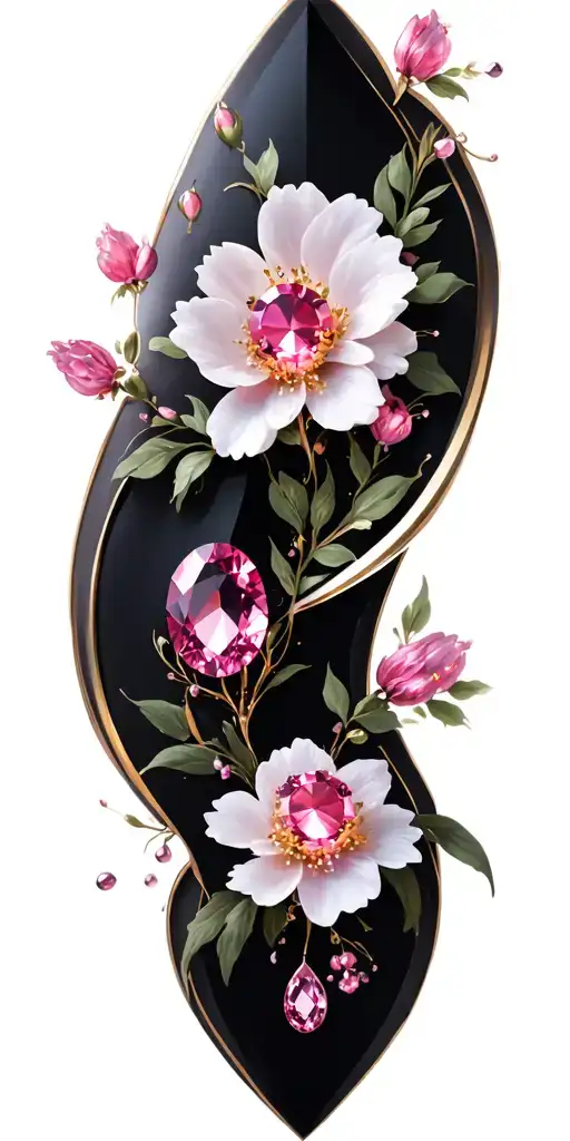 Pink Sapphire With White Gold With Pink Flowers In Background