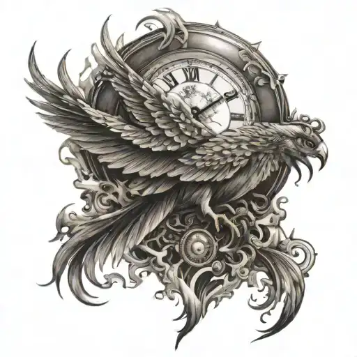 Phoenix In Flames With Pocket Watch Underneath