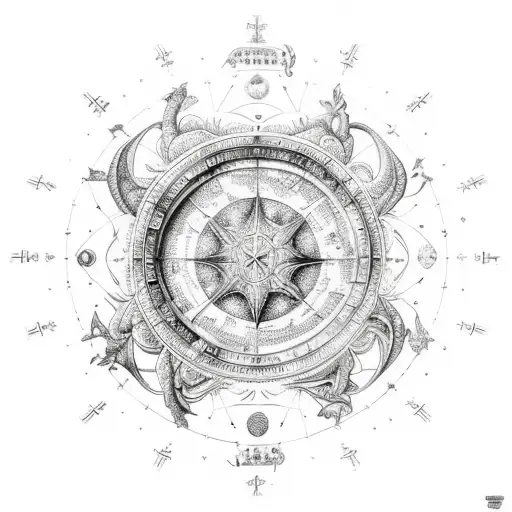 A Celestial Map Of The Client's Zodiac Sign Surrounded By Intricate Mystical Weapons