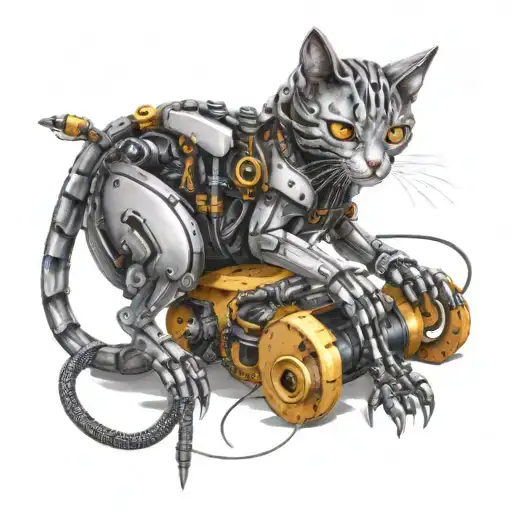 A Realistic Depiction Of A Robotic Cat And Scorpion Intertwined With Wires And Circuits