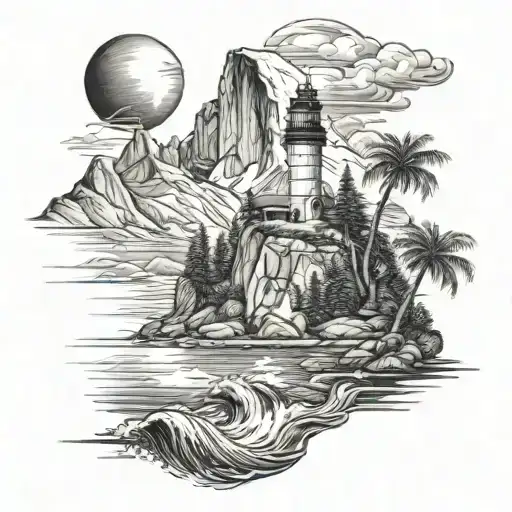 Half Dome With A River Leading To The Ocean With Waves And A Lighthouse And Palm Trees