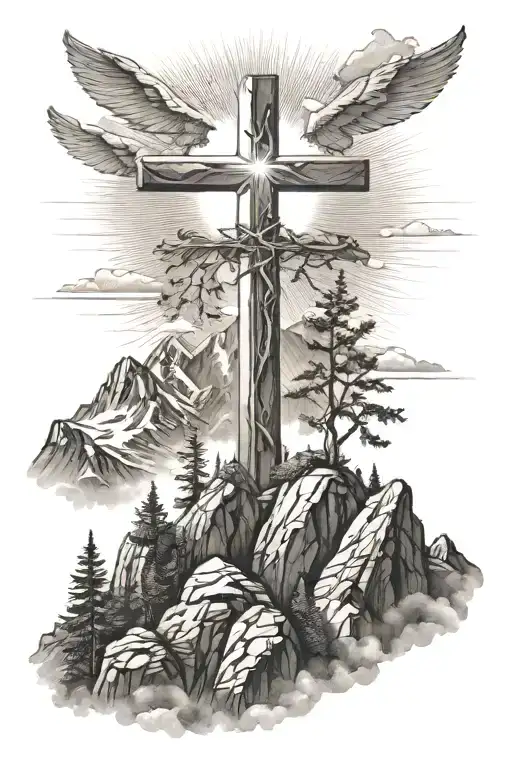 Christian Cross Summit Of A Mountain Landscape Ray Of Sunshine