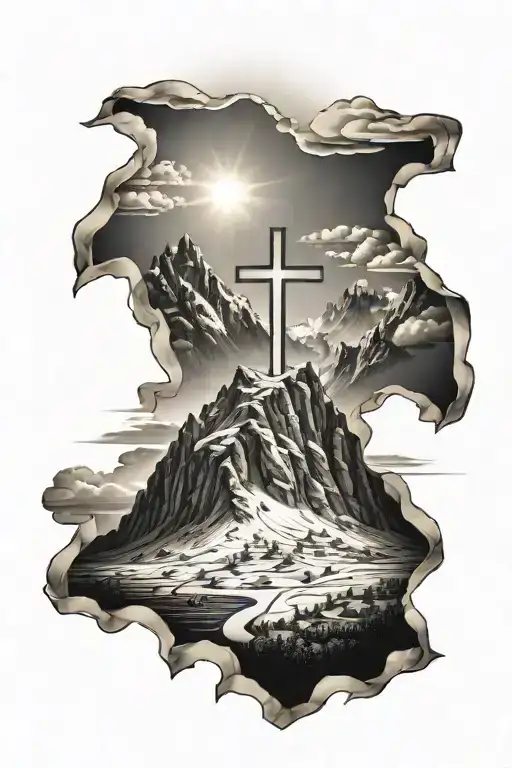Christian Cross Summit Of A Mountain Landscape Ray Of Sunshine Coming In