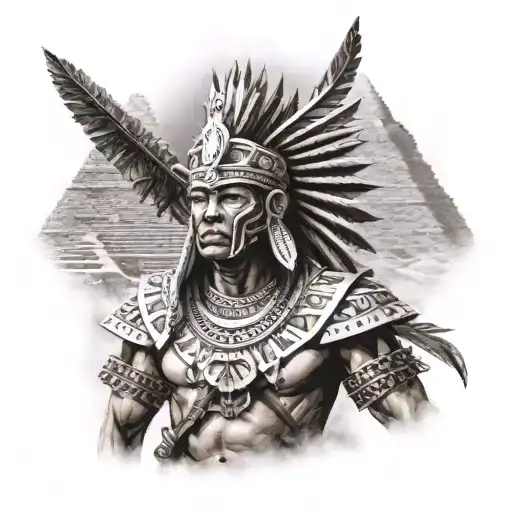 Detailed Aztec Warrior With Detailed Background Of Pyramids