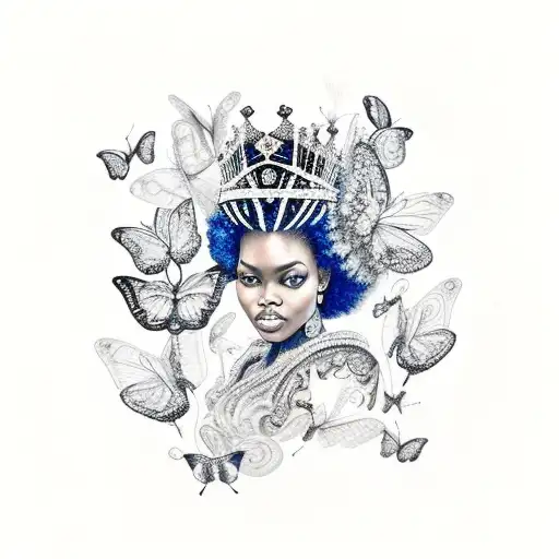 Black Queen With Afro With Butterflies And Crown