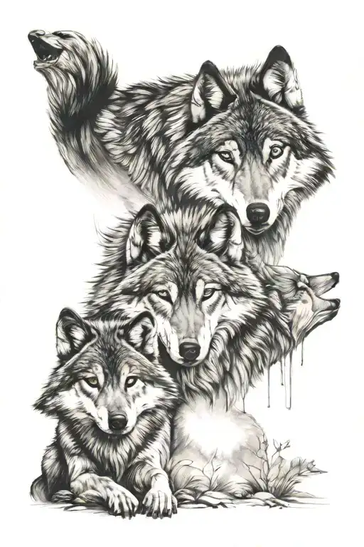 Wolf And Two Cubs