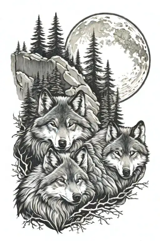 Wolf In The Mountains With Three Baby Wolfs And Full Moon