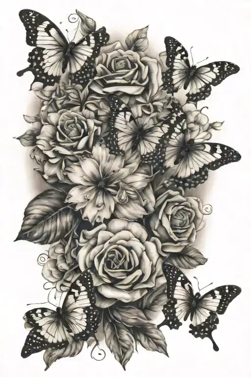 Flor De Maga Flowers And 3 Butterflies Around And On Some Of The Flowers No Color
