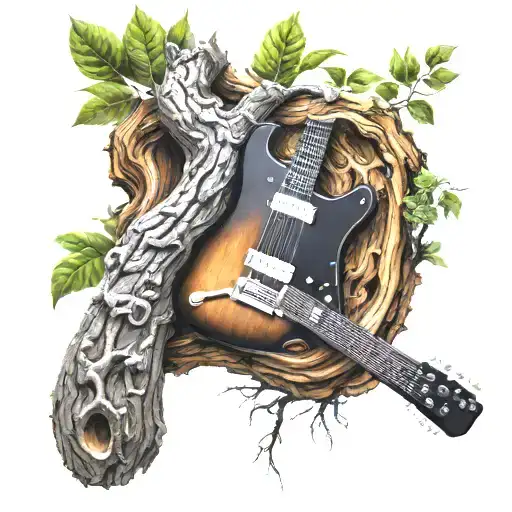 Electric Guitar Integrated Growing In A Tree Trunk