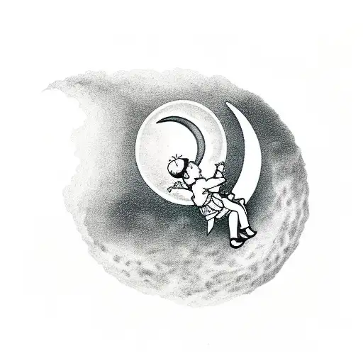 Crescent Moon With A Small Silhoutte Of A A Boy And A Mom