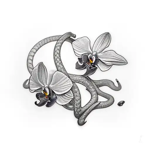 Orchid Surrounded By A Bushviper Snake