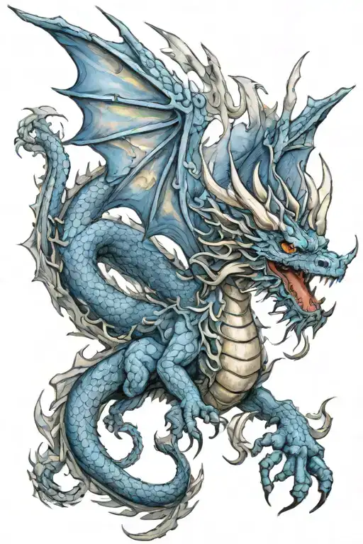 Blue Dragon With Wings Combination Of Watercolor And Realism