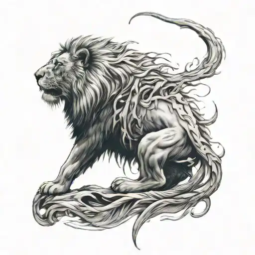 Humble Beast Down Spine With Roaring Half Lion And Calm Half Lion On Either Side