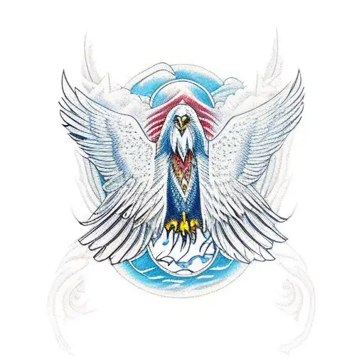 River And Mountains With Flying Eagle