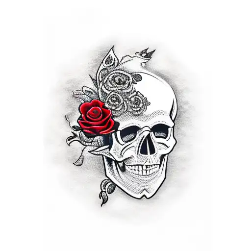 Skull With Black And Red Roses