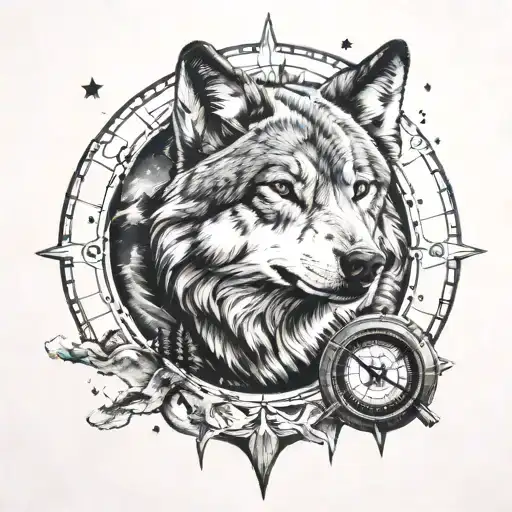 Wolf Within A Compass With Mountains In The Background And A Starry Night