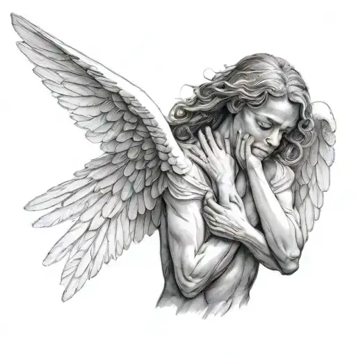 Realistic Angel With Open Wings And Both Hands On The Face Like Crying